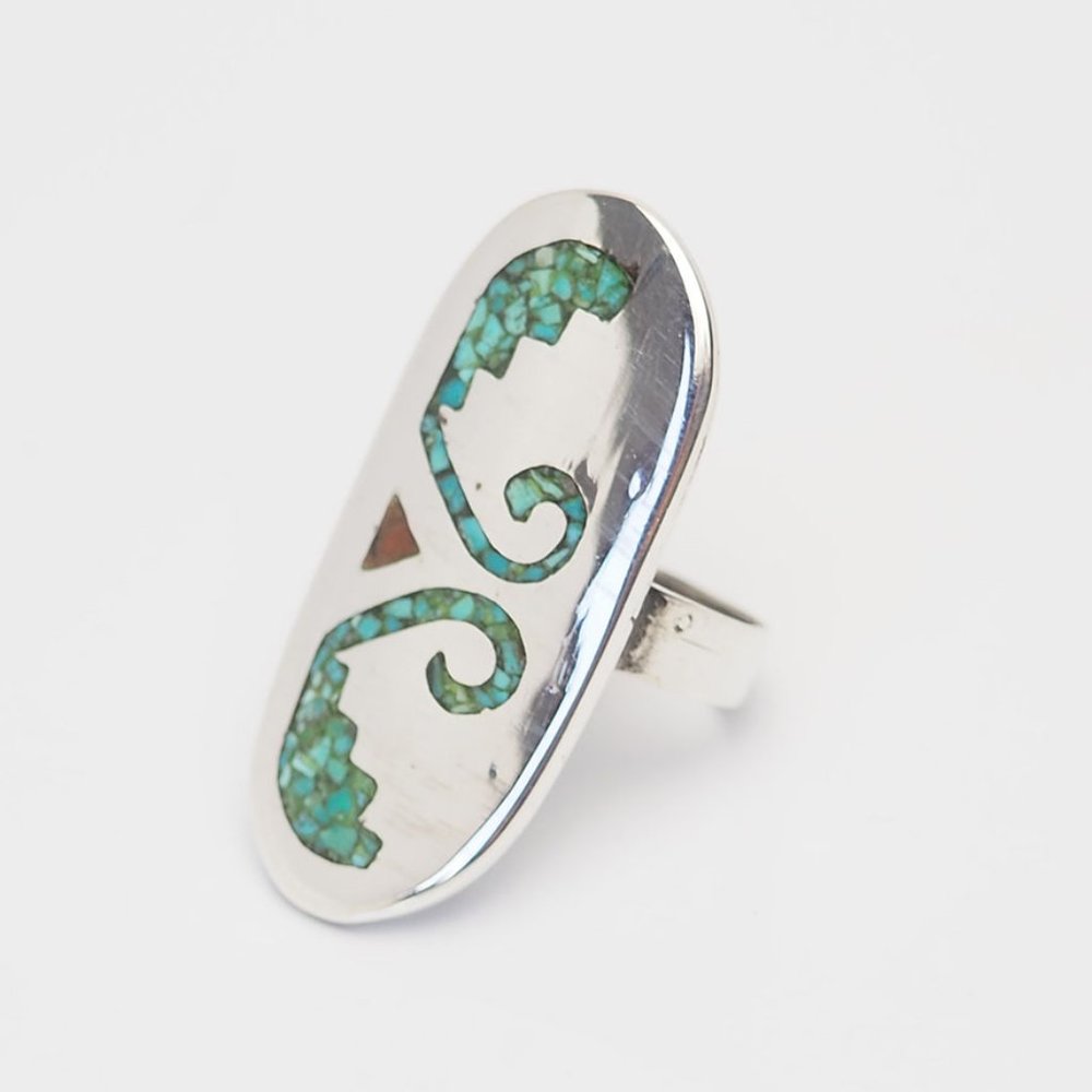 Handmade Native American sterling silver crushed coral turquoise inlaid ring